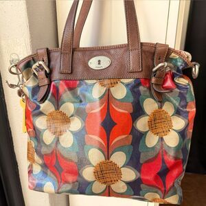 Fossil Key-Per Vinyl Coated Large Satchel Floral Tote Bag Handbag Purse retro